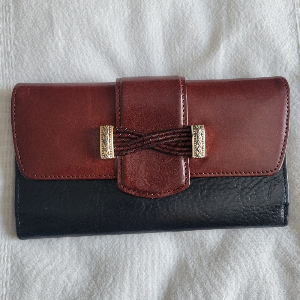 Vintage Brighton Brown And Black Leather Wallet Large Woven Embellishment